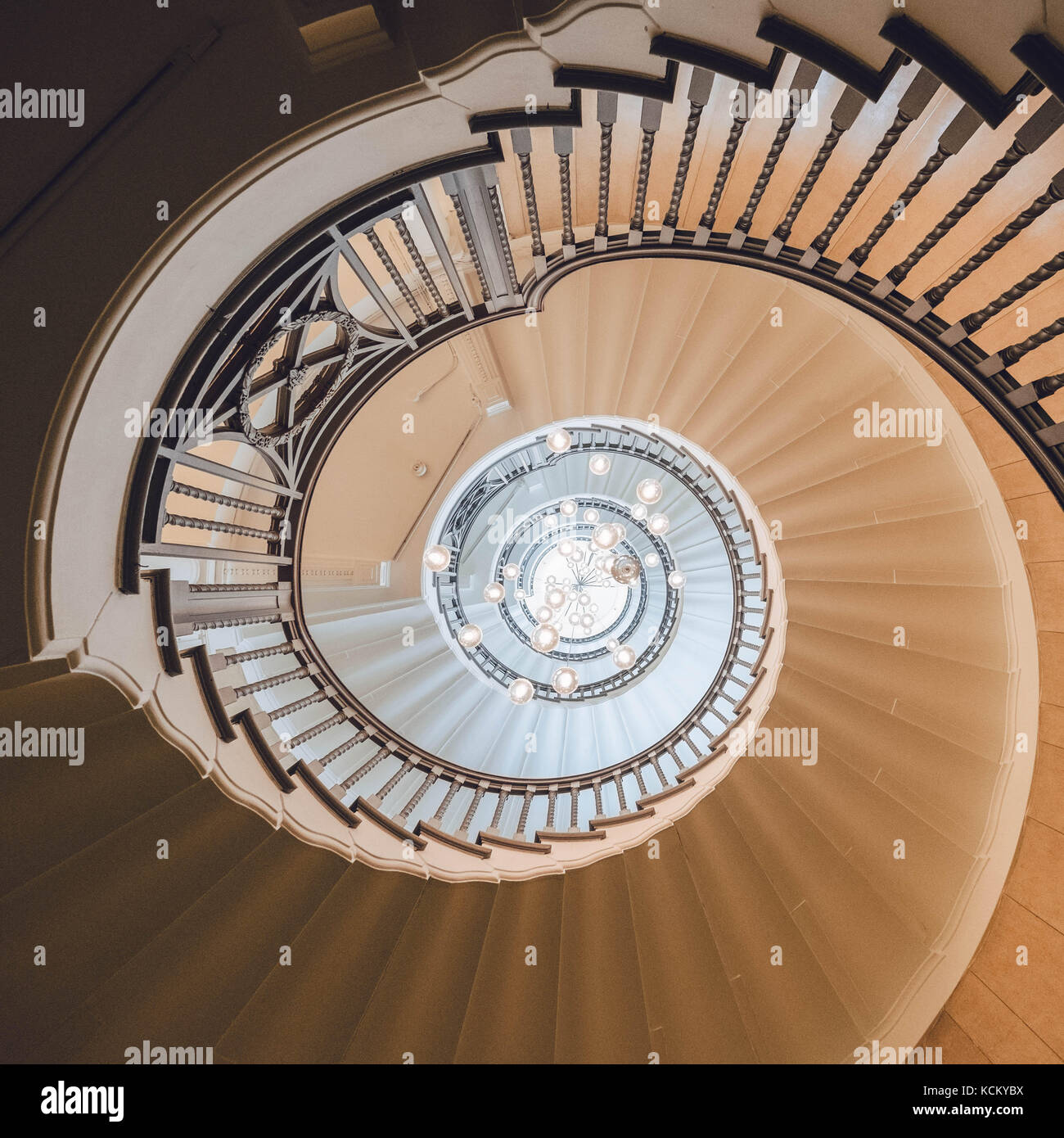 Colour image of Cecil Brewer's spiral staircase in Heals Department Store, Tottenham Court Road, London UK Stock Photo