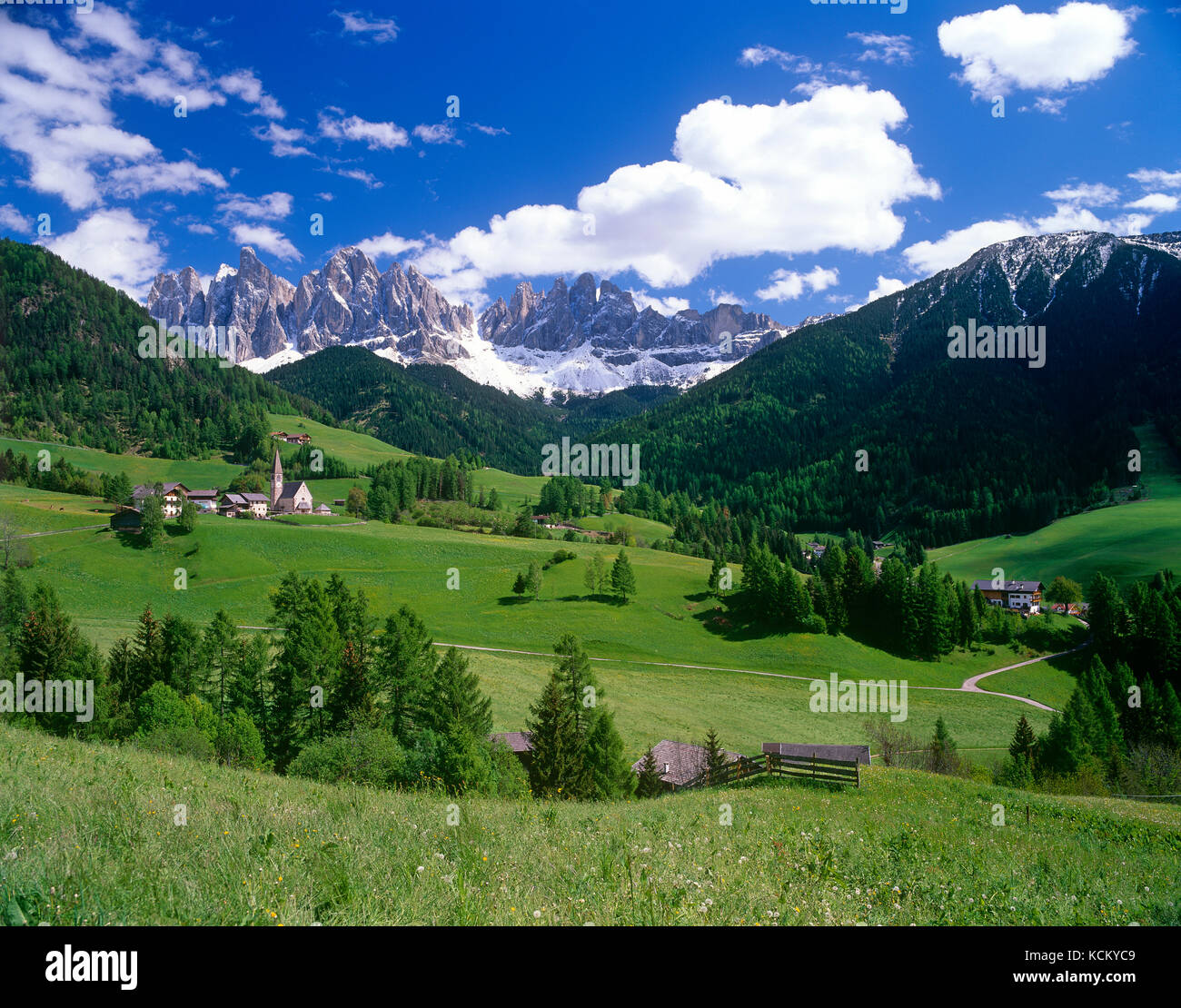 St. Magdalena and the Dolomites, Val di Funes, Alto Adige, Trentino, Italy. Stock Photo