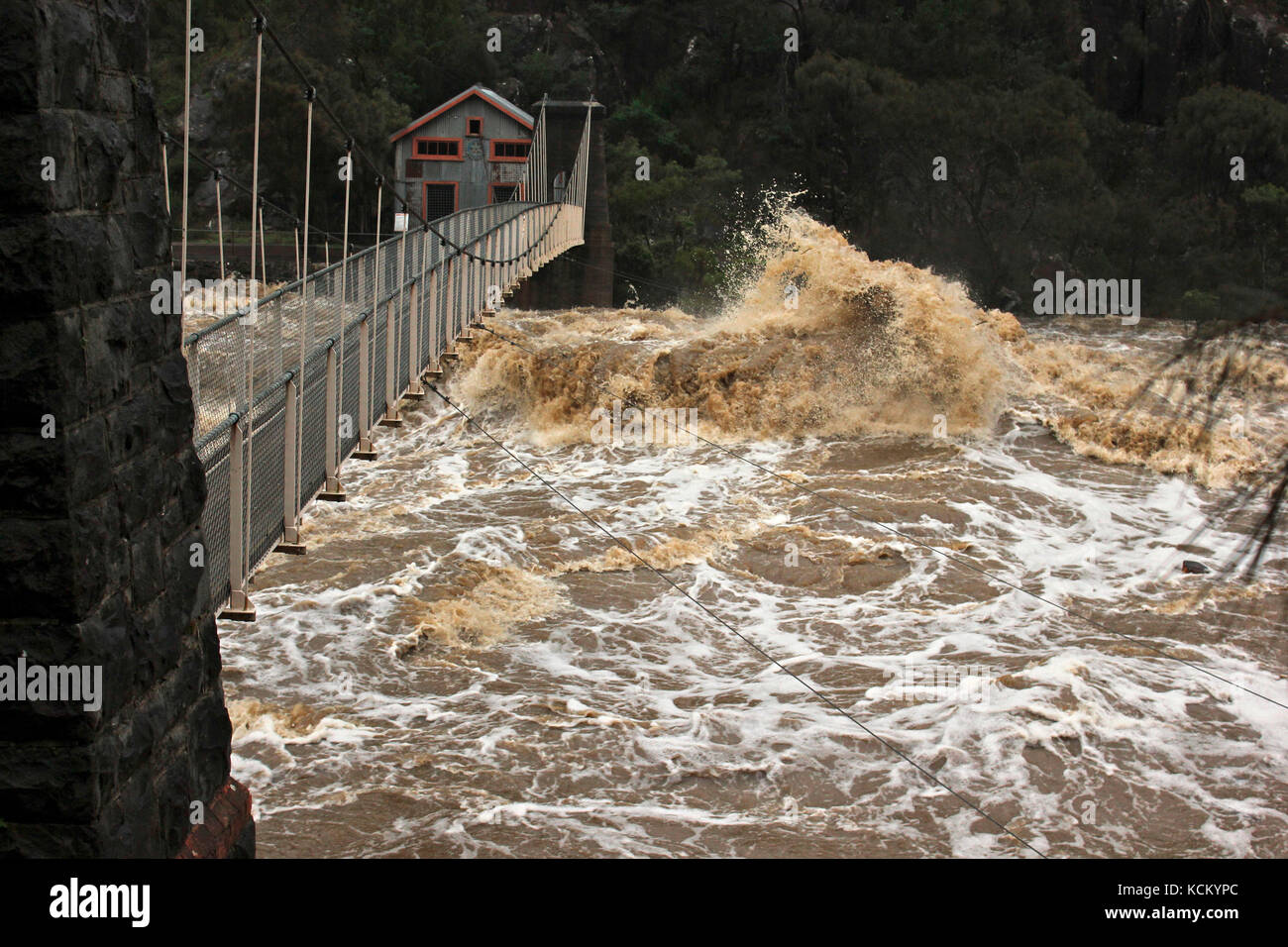 South Esk River in flood flowing past Duck Reach. Cataract Gorge, Launceston, Tasmania, Australia Stock Photo