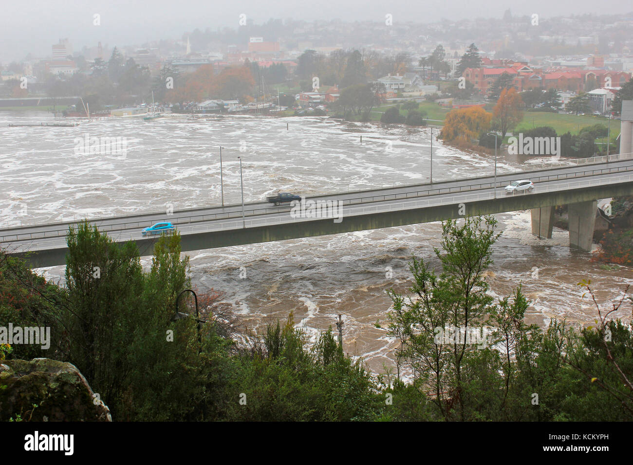 Paterson Bridge and Tamar River in flood, Launceston, Tasmania, Australia Stock Photo