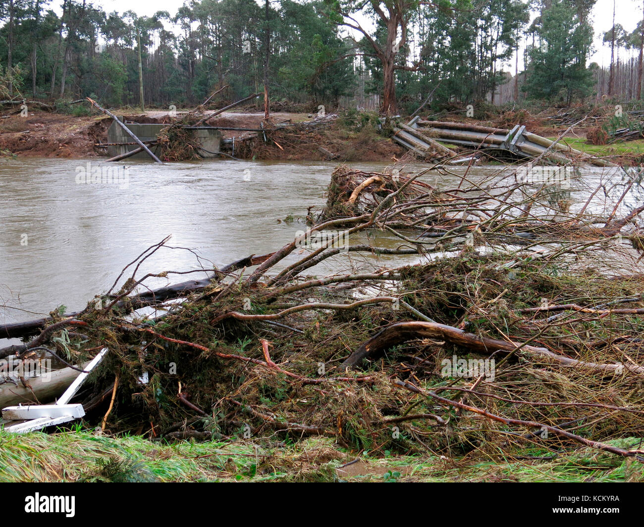 Dynans Bridge washed away by flood waters. Weegena, northwestern Tasmania, Australia Stock Photo