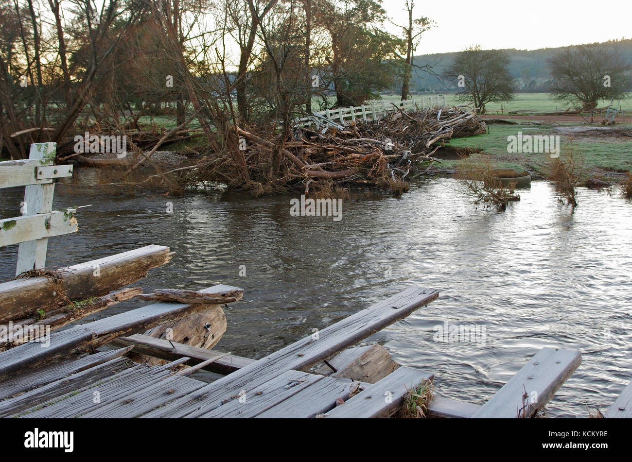 Timber bridge damaged by severe flood. In early June 2016 northern and north-western Tasmania experienced some of the most serious floods on record. M Stock Photo