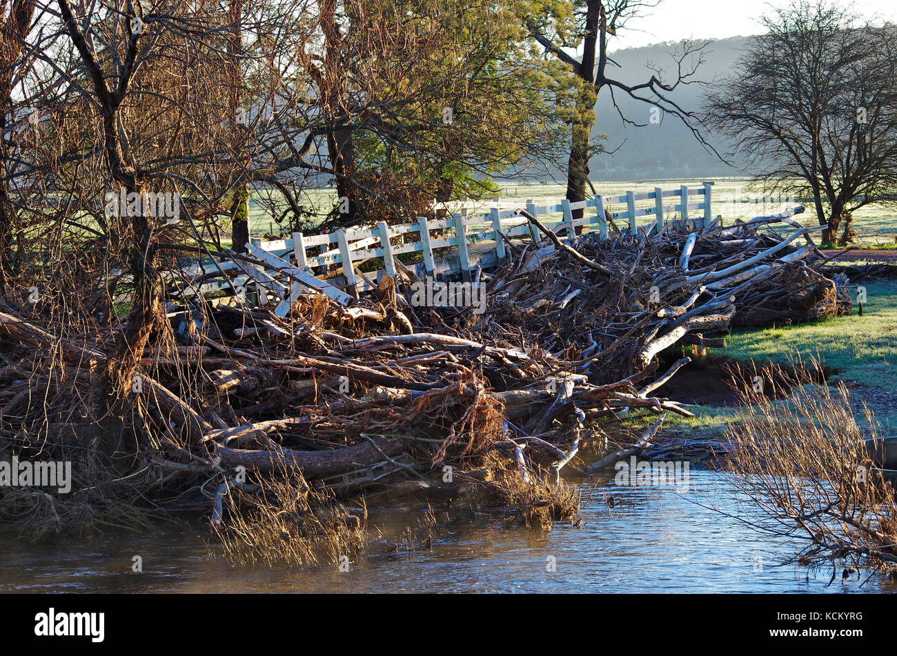 Timber bridge damaged by severe flood. The far section of the bridge was carried up onto the river bank by flood debris. In early June 2016 northern a Stock Photo
