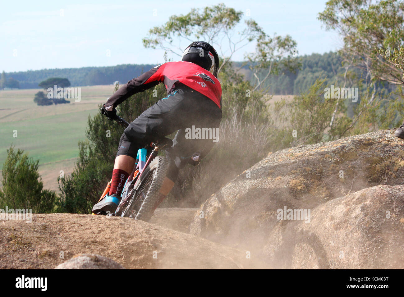 Competitor in Round 2 of the Enduro World Series mountain bike race on a Blue Derby track. Tasmania, Australia Stock Photo