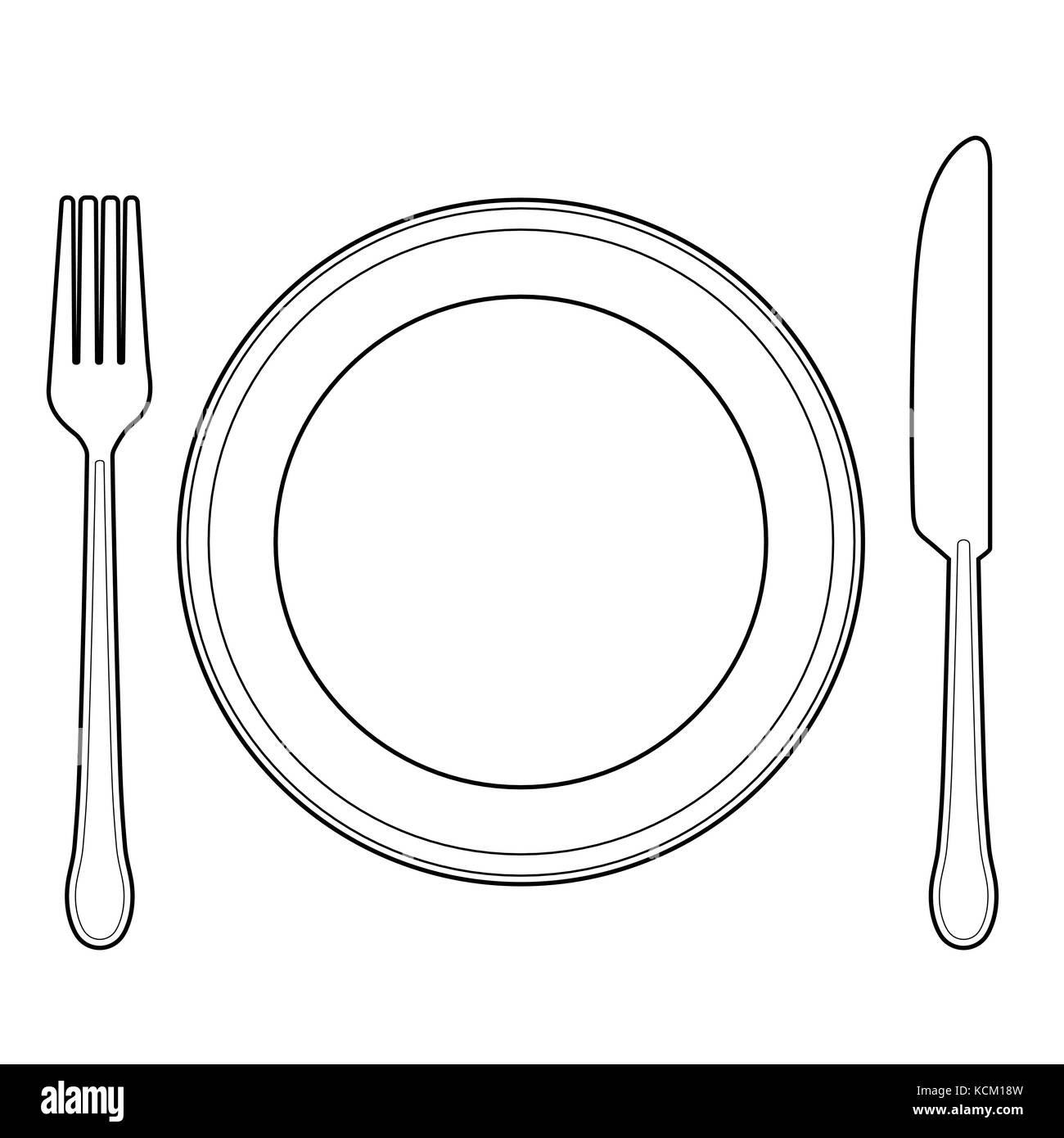 Empty plate with knife and fork on a white background. Linear style-Vector Illustration Stock Vector