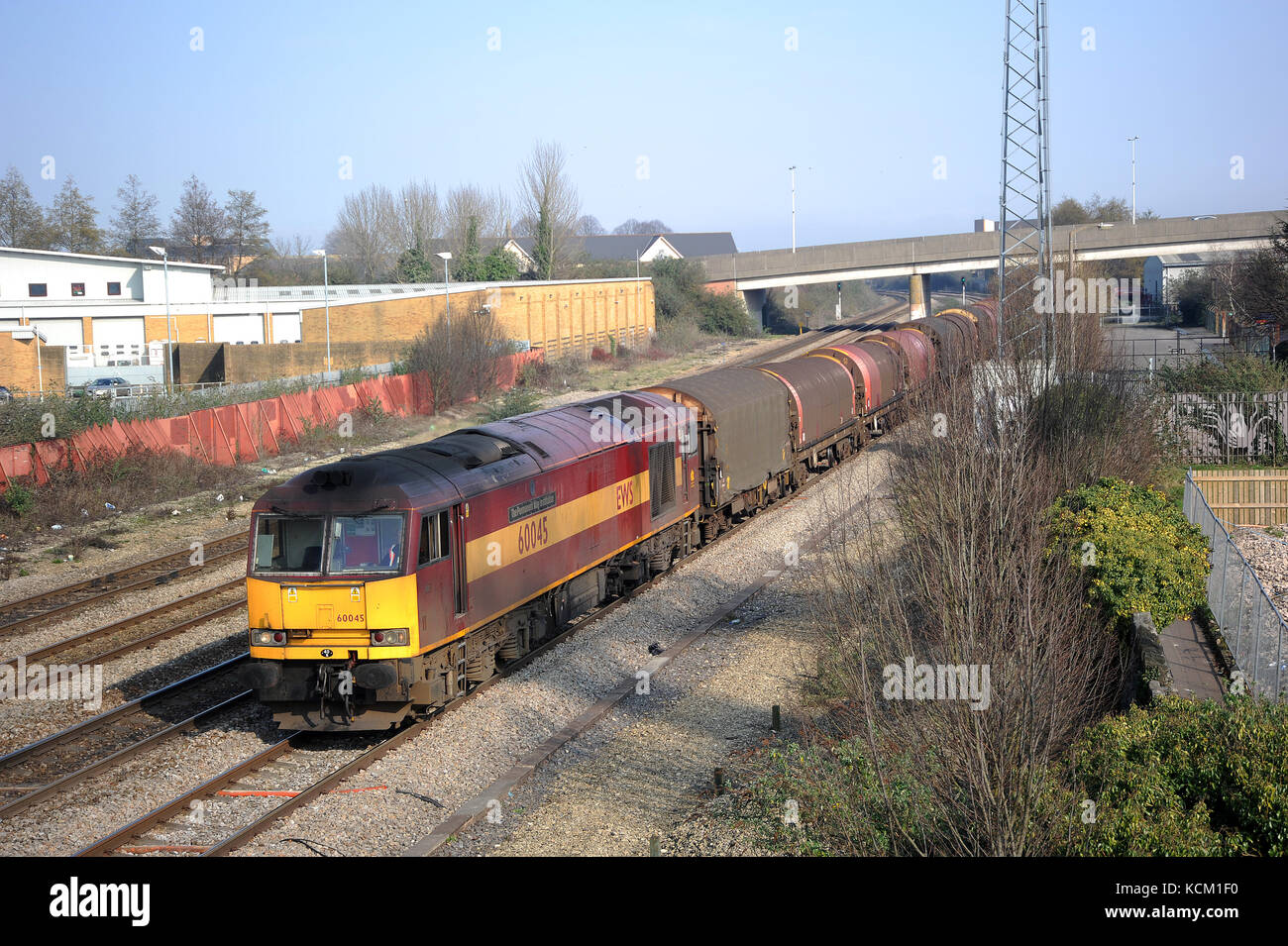 60045 'The Permanent Way Institution' heads a west-bound freight service towards Cardiff Central. Stock Photo