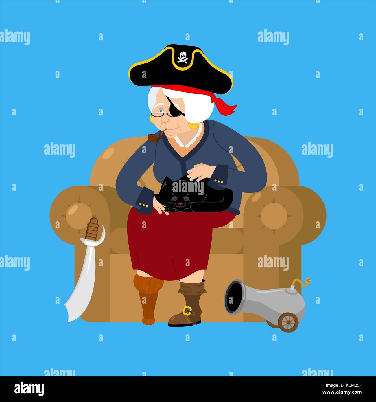 Grandmother pirate. Old buccaneer and cat. grandma on chair. Saber and cannon. Smoking pipe and wooden leg. Vector illustration Stock Vector