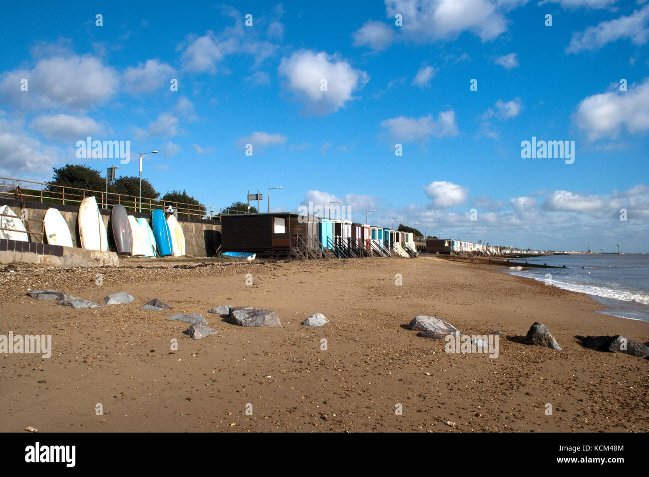 Beach Huts and boats along the sea front at Thorpe Bay, near Southend