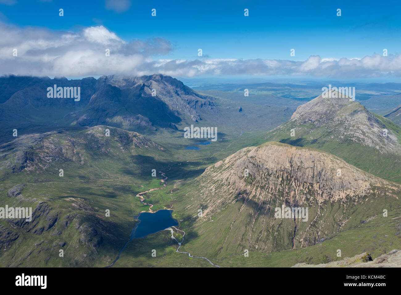 Glen Sligachan and the Cuillins from Bla Bheinn.  Loch an Athain in the foreground with Ruadh Stac and Marsco to the right, Isle of Skye, Scotland, UK Stock Photo