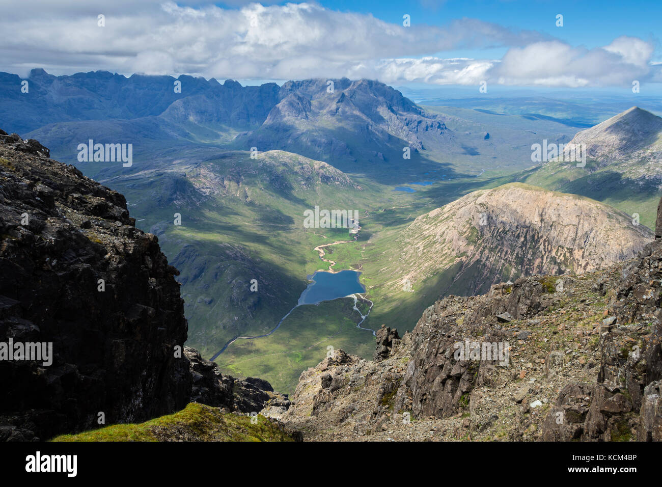 Glen Sligachan and the Cuillins from Bla Bheinn.  Loch an Athain in the foreground with Ruadh Stac and Marsco to the right, Isle of Skye, Scotland, UK Stock Photo