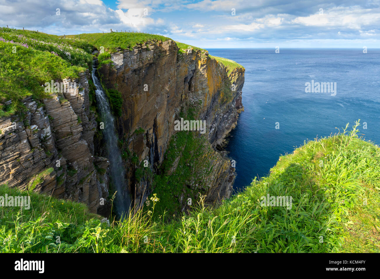Cliff and waterfall at Whaligoe Haven, near Ulbster, Caithness, Scotland, UK Stock Photo