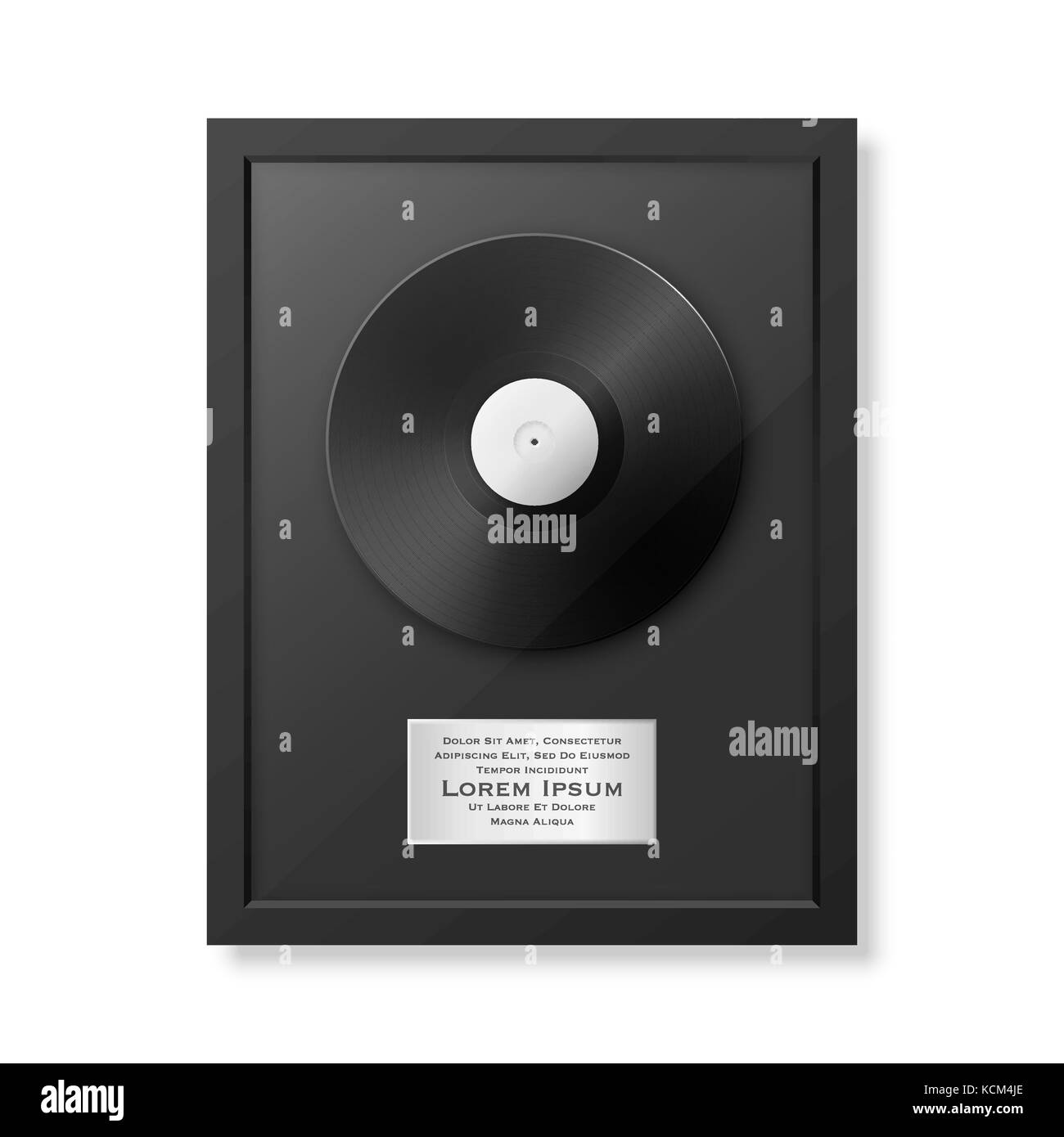 Realistic vector LP and label in glossy black frame icon closeup isolated on white background. Single album disc award. Design template. Stock vector mockup. EPS10. Stock Vector