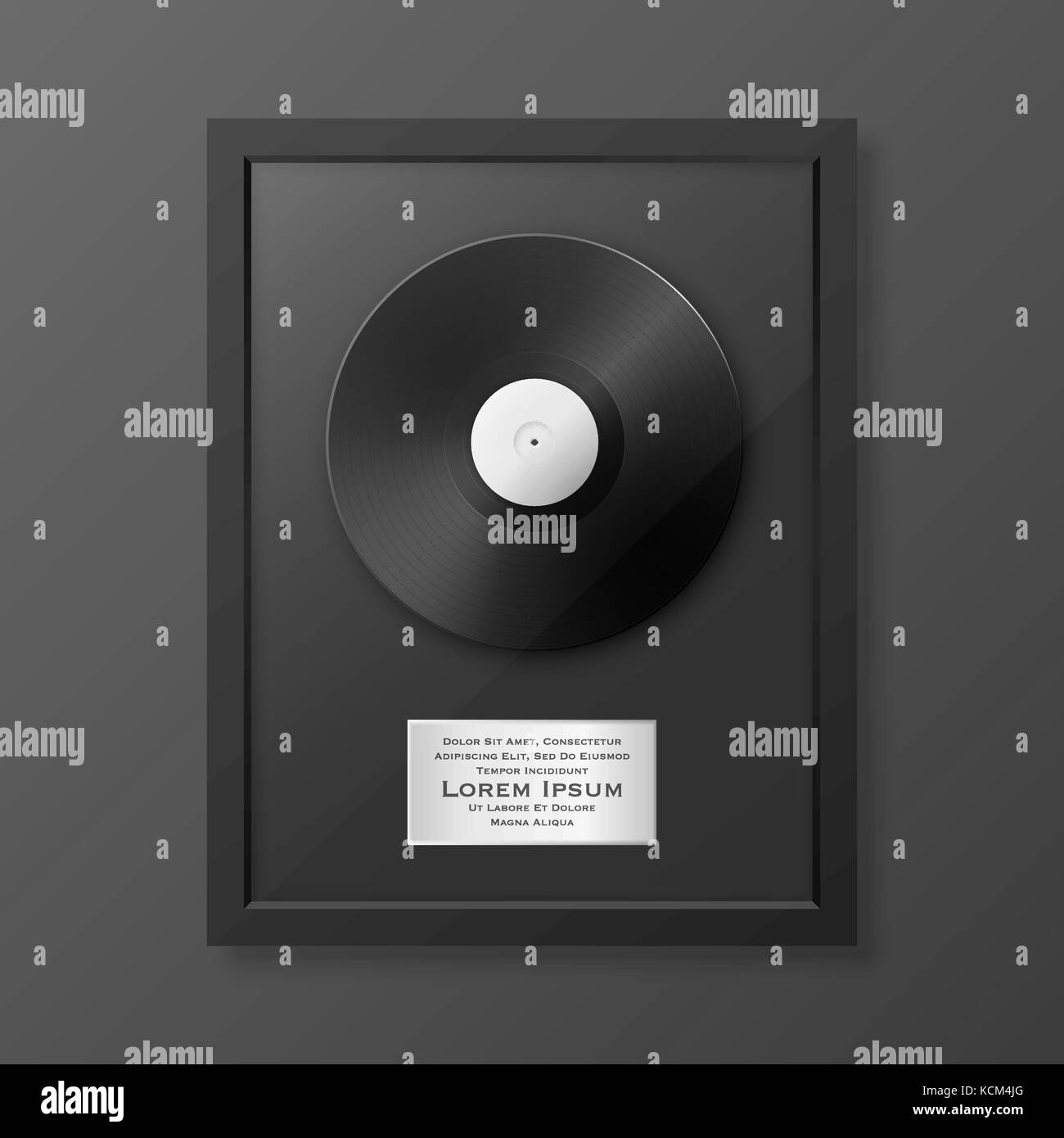 Realistic vector LP and label in glossy black frame icon closeup isolated on black background. Single album disc award. Design template. Stock vector mockup. EPS10. Stock Vector