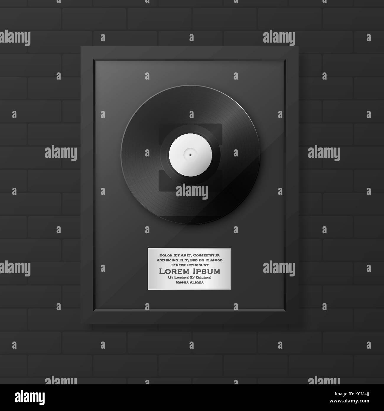 Realistic vector LP and label in glossy black frame icon closeup on black brick wall background. Single album disc award. Design template. Stock vector mockup. EPS10. Stock Vector