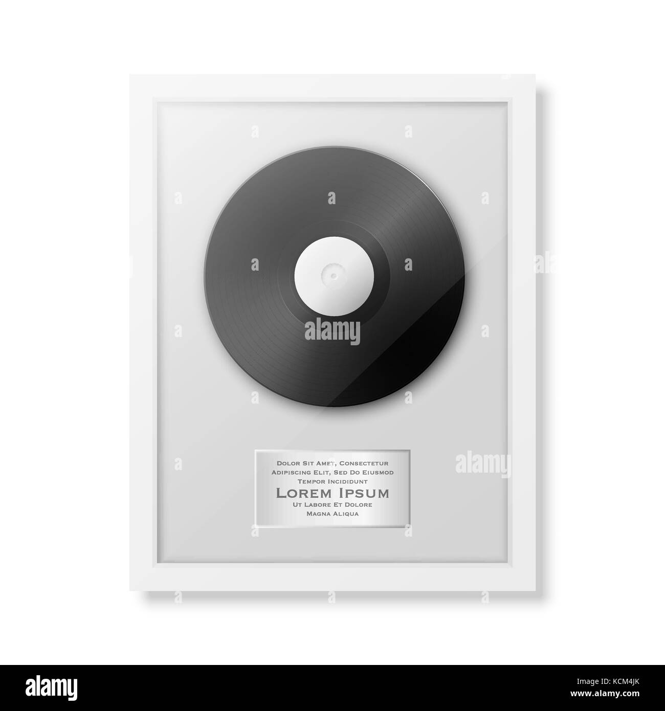 Realistic vector LP and label in glossy white frame icon closeup isolated on white background. Single album disc award. Design template. Stock vector mockup. EPS10. Stock Vector