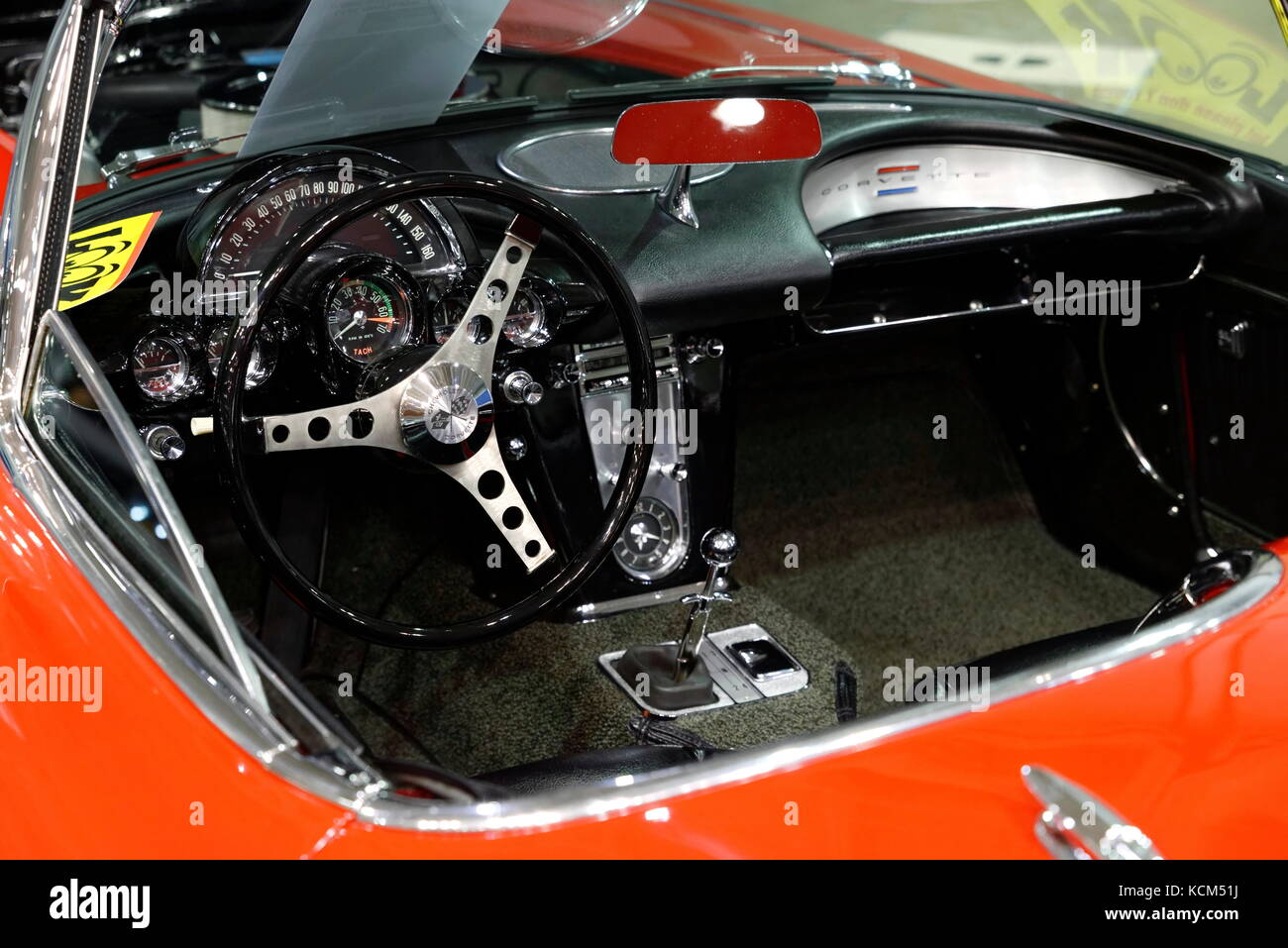 Vintage Corvette black and chrome dashboard on display at the annual  Endless Summer Cruisin, Ocean City, Maryland, USA. Stock Photo
