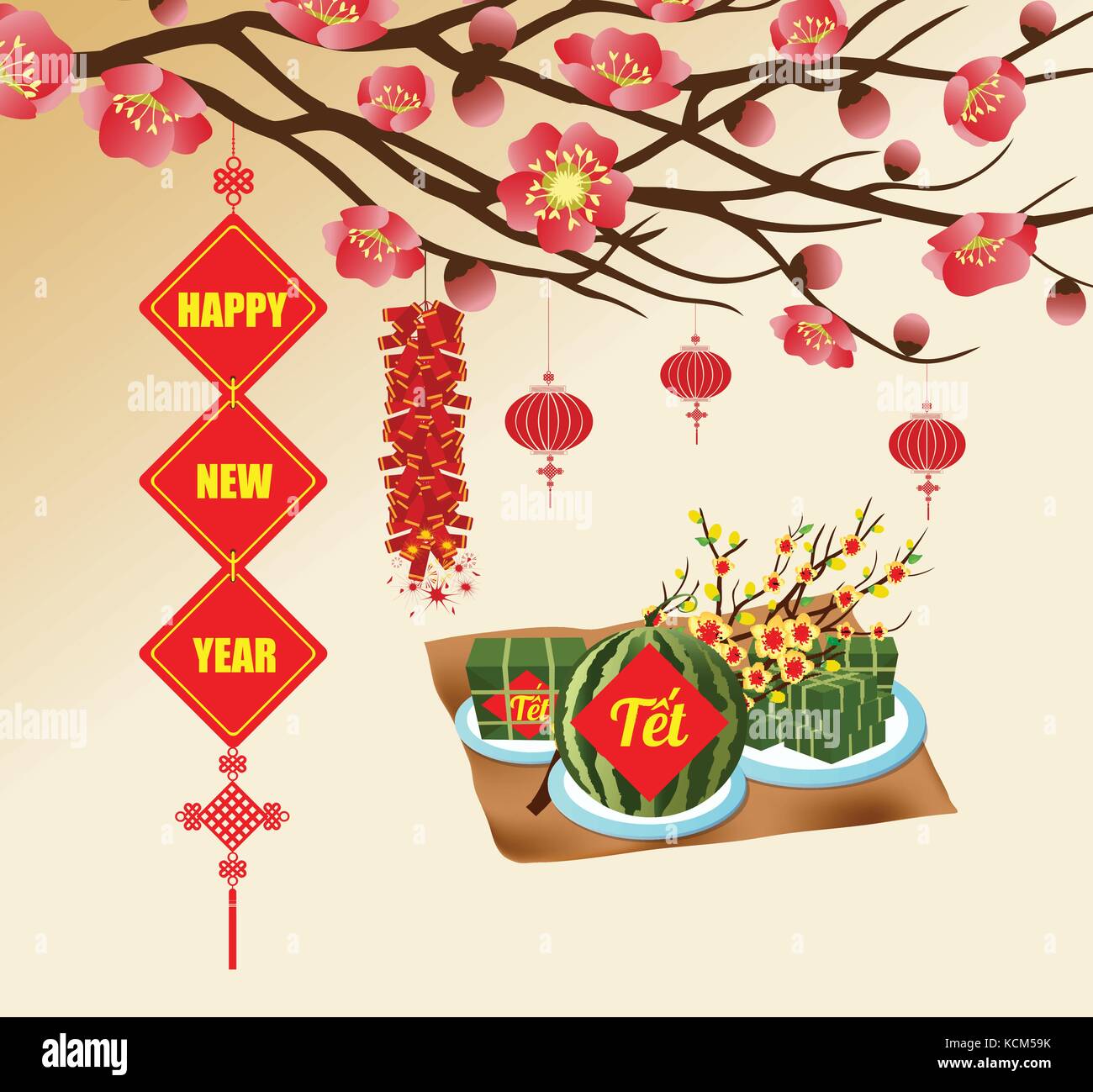Chinese New Year Background Blooming Sakura Branches Vietnamese New Year Translation Tết Lunar New Year Stock Vector Image Art Alamy