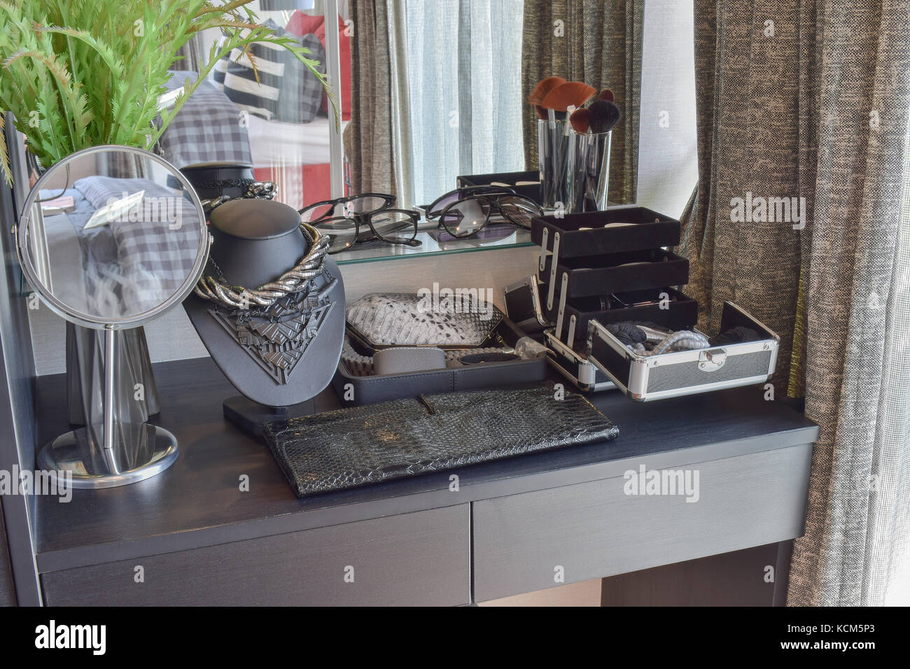 black wooden dressing table with accessories at home Stock Photo Alamy