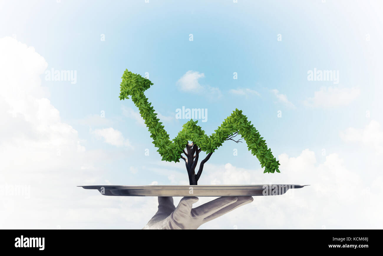Hand of waitress presenting growing graph on tray Stock Photo - Alamy