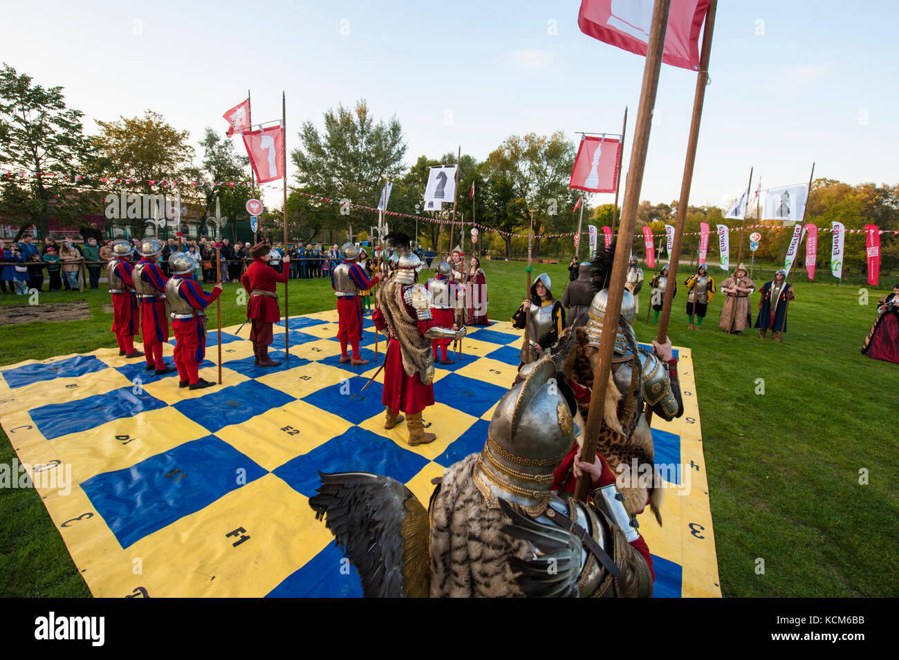 Performance devoted to the Battle of Vienna 1683 as a chess game staged by live playing pieces at the foot of Pultusk Castle in Mazovia, Poland. Stock Photo