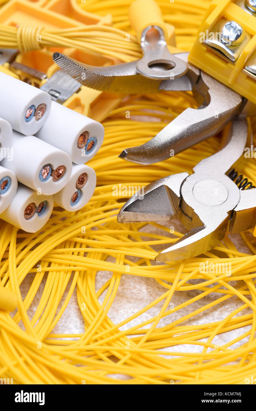 Tools and cables used in electrical home installation Stock Photo Alamy