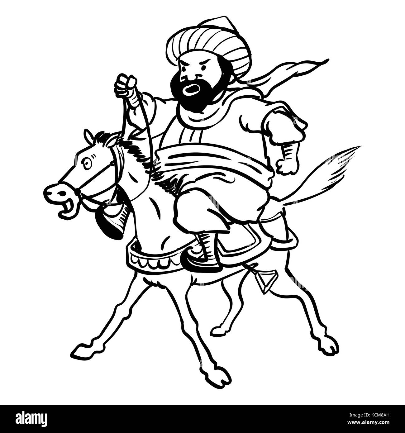 Cartoon Fat Arab man riding a tired horse for coloring-Hand drawn Vector illustration Stock Vector