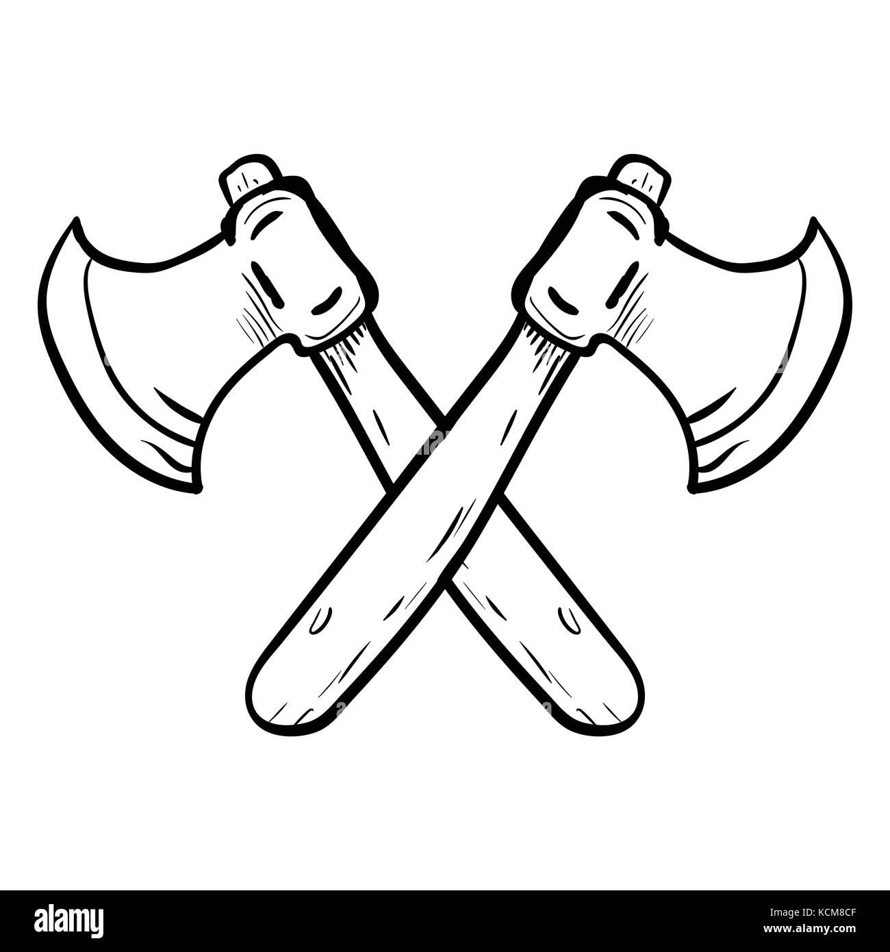 Hand drawing of Two Crossed Axes isolated on white background. Black and White simple line Vector Illustration for Coloring Book - Line Drawn Vector Stock Vector