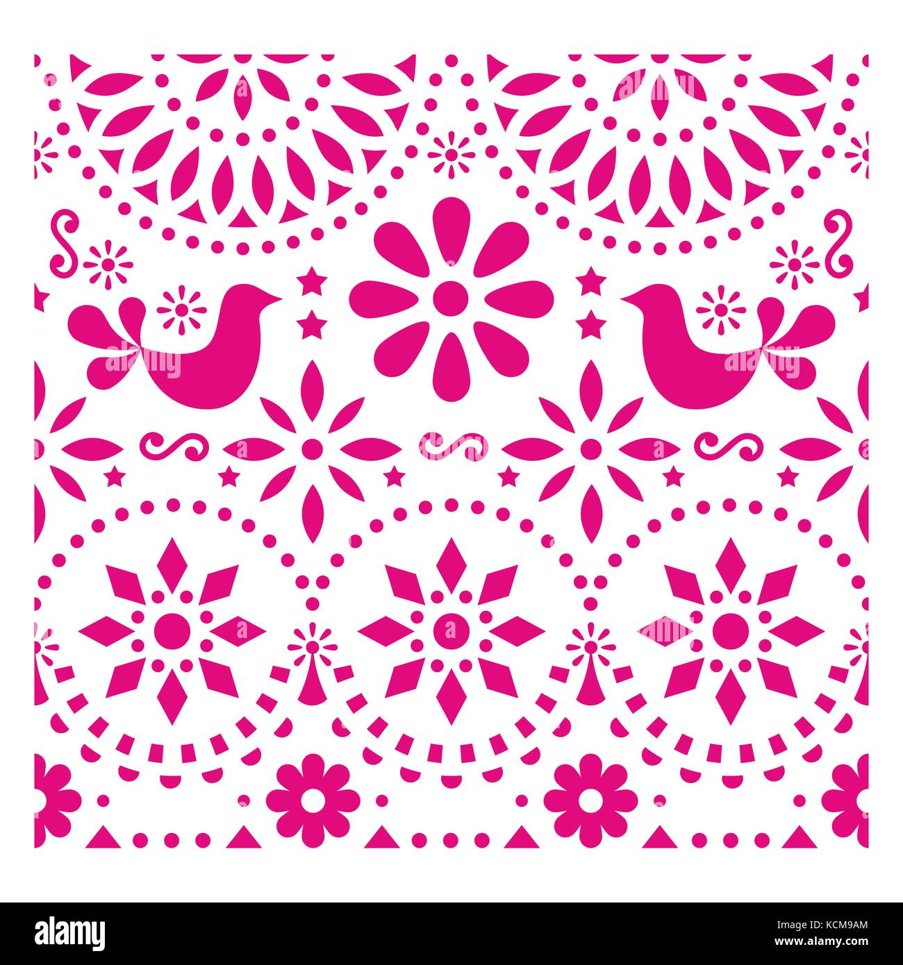 Mexican folk art vector pattern with birds and flowers, pink fiesta greeting card design inspired by traditional art form Mexico Stock Vector