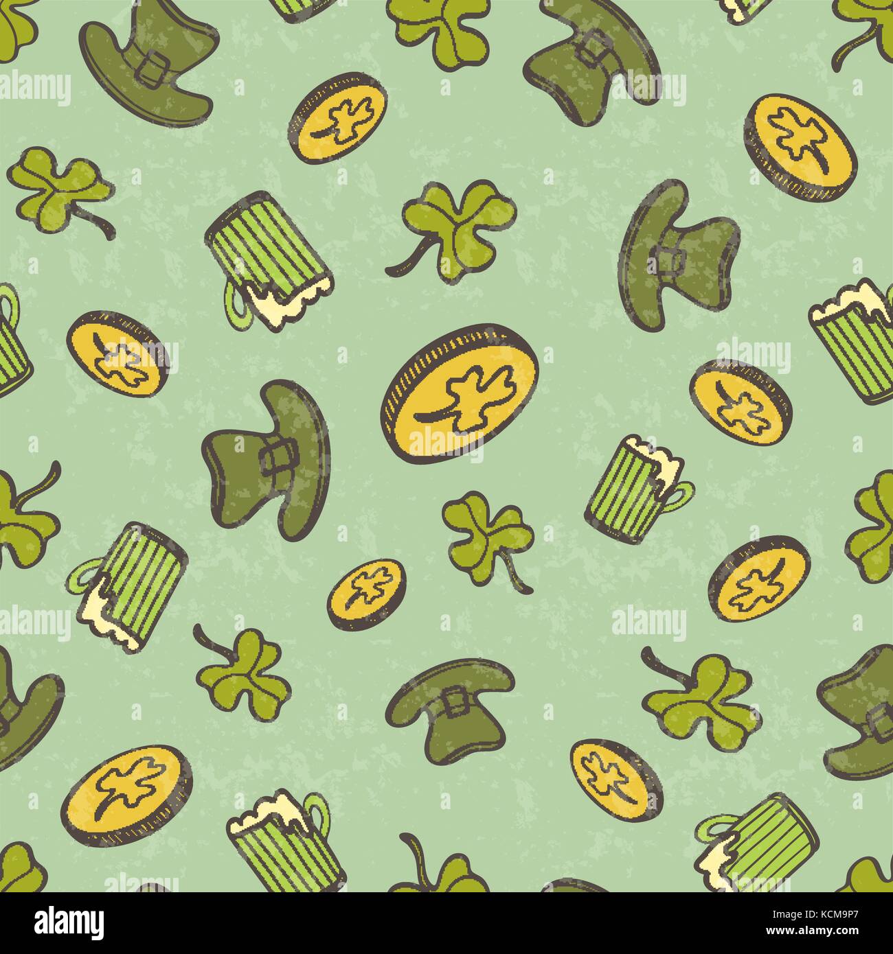 Saint Patrick's Day Seamless Pattern With Coins, Cover, Beer mug And Leprechaun Hat Stock Vector