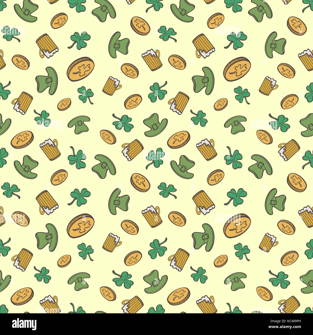 Saint Patrick's Day Pattern With Coins, Cover, Beer mug And Leprechaun Hat Stock Vector