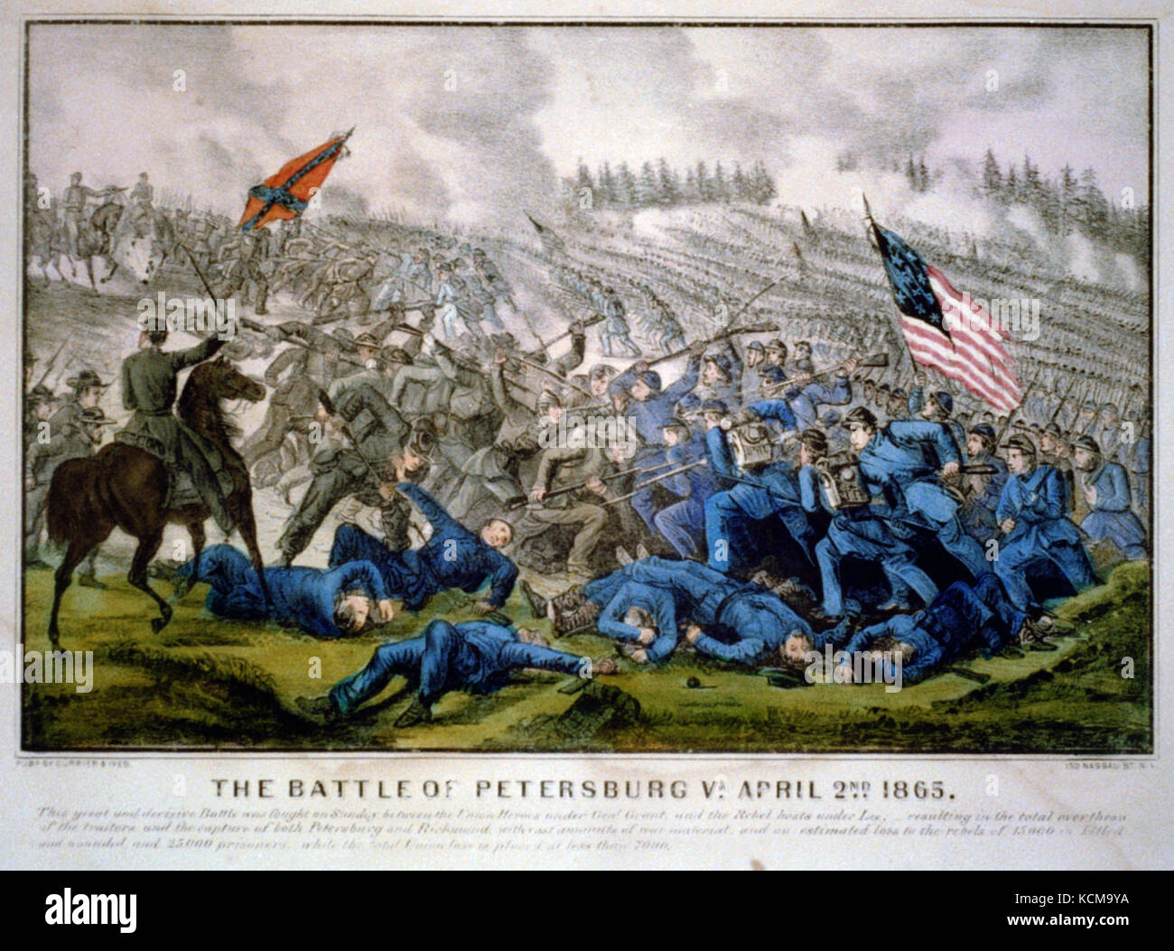 This Currier & Ives print depicts a scene from the Third Battle of Petersburg during the American Civil War. Known for their historical accuracy and artistic representation, Currier & Ives prints capture significant moments in American history. Stock Photo