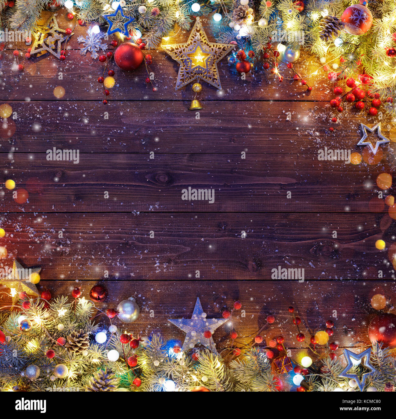 Christmas Background - Snowy Fir Branches And Lights On Dark Table ...