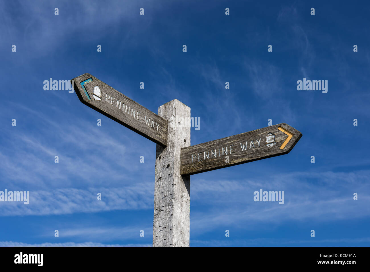Pennine Way signpost against blue sky Stock Photo