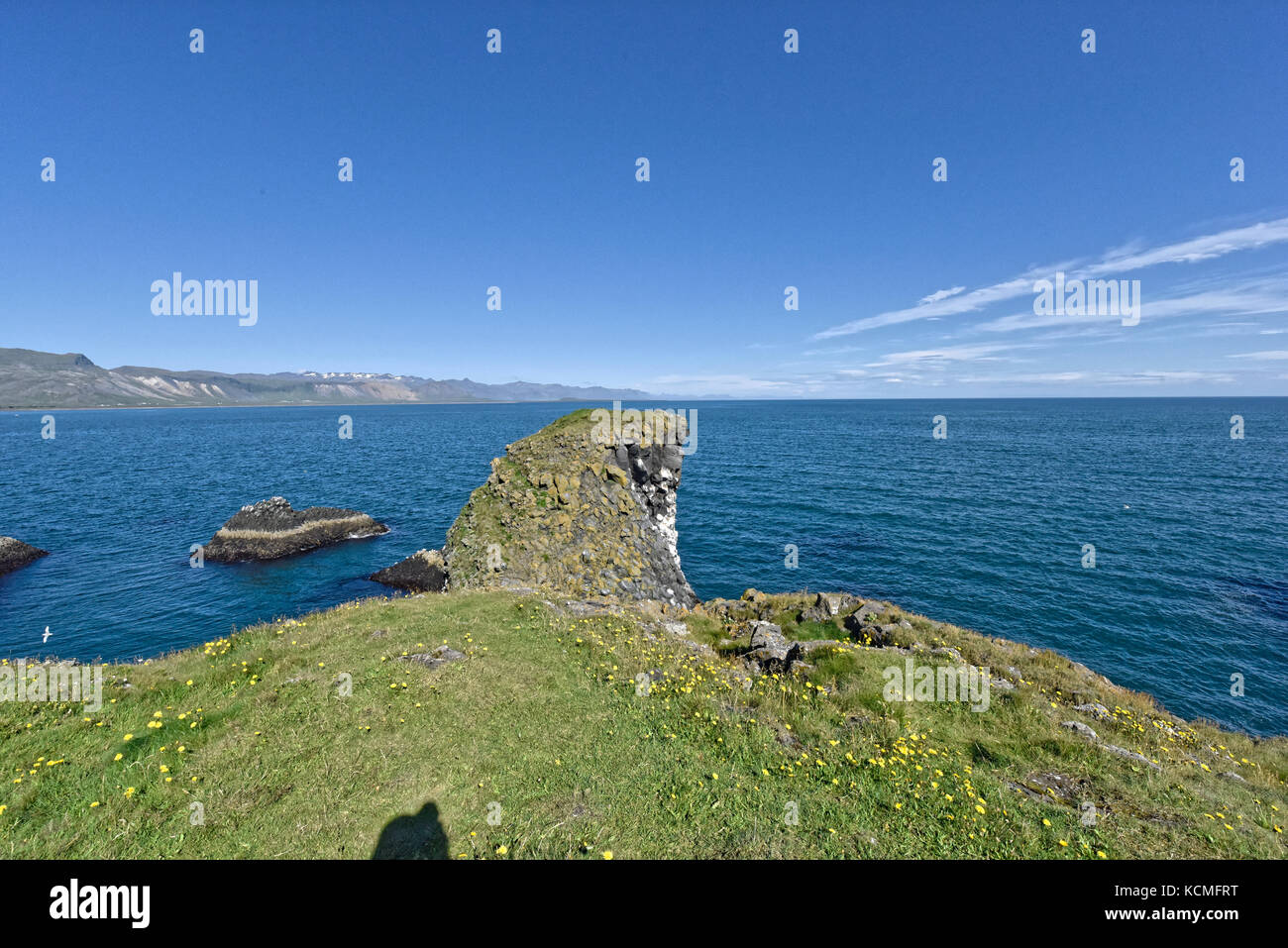 Shoreline and cliffs of basalt rock at Arnarstapi nature reserve seen ...