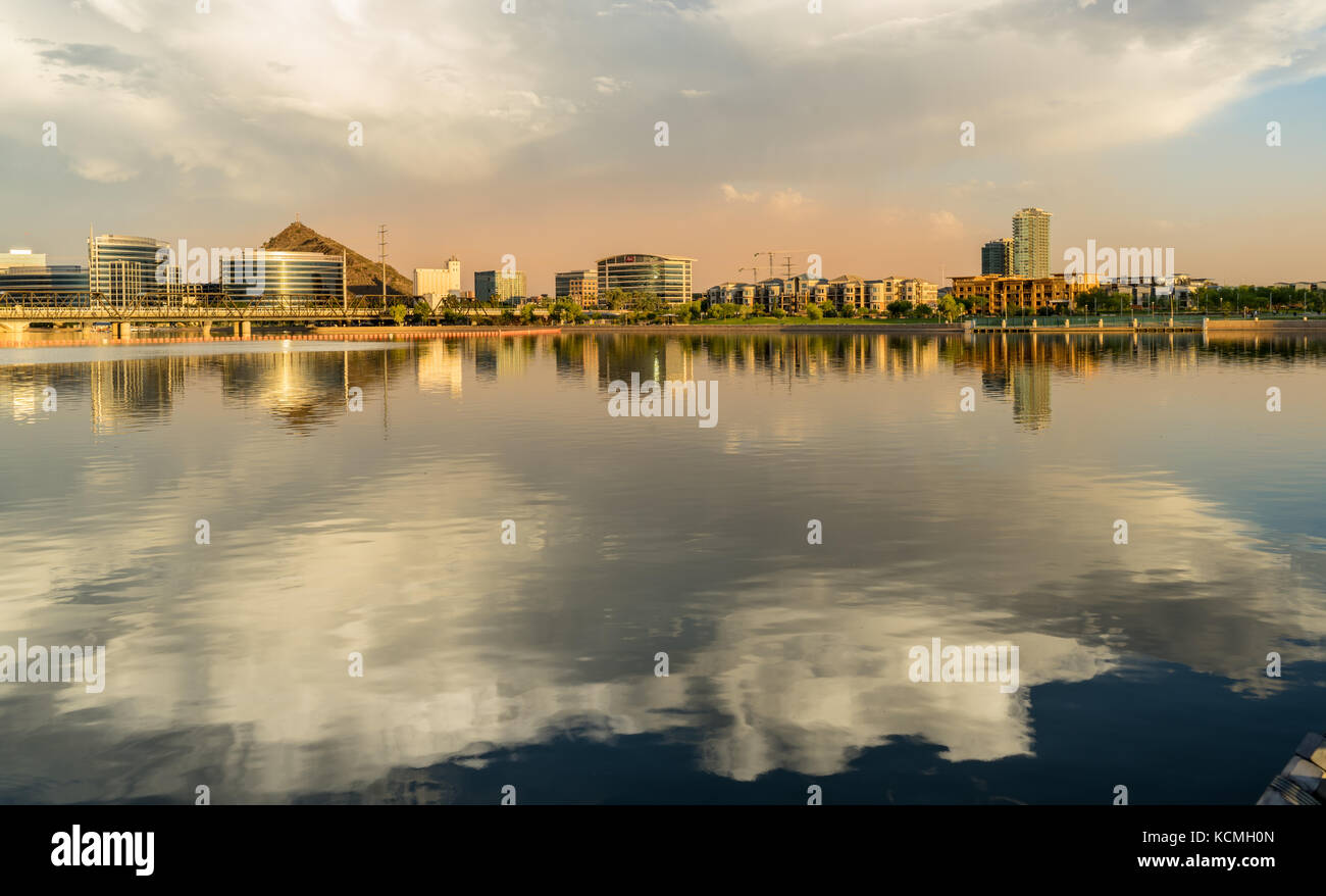 View of the Tempe city skiline and reflection in the Salt river  in Tempe Stock Photo
