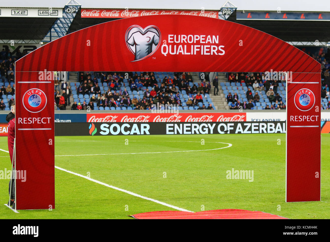REYKJAVIK, ICELAND - SEPTEMBER 5, 2017: Official Brand wall of FIFA World Cup 2018 Qualifying matches on the pitch of Laugardalsvollur stadium in Reyk Stock Photo