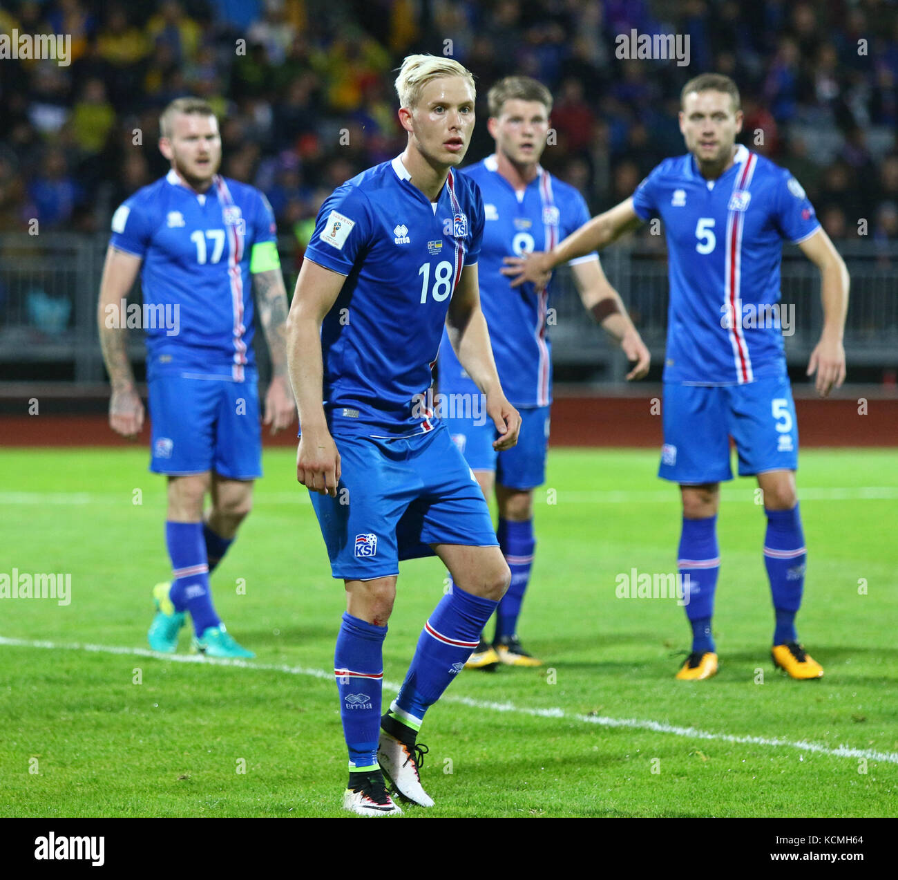 REYKJAVIK, ICELAND - SEPTEMBER 5, 2017: Icelandic players in action during FIFA World Cup 2018 qualifying game against Ukraine at Laugardalsvollur sta Stock Photo