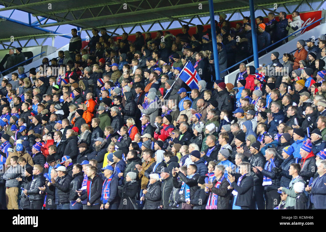 REYKJAVIK, ICELAND - SEPTEMBER 5, 2017: Iceland National Team supporters on tribunes of Laugardalsvollur stadium in Reykjavik during FIFA World Cup 20 Stock Photo