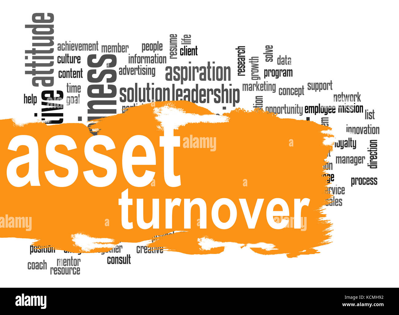 Asset turnover word cloud with orange banner image with hi-res rendered artwork that could be used for any graphic design. Stock Photo