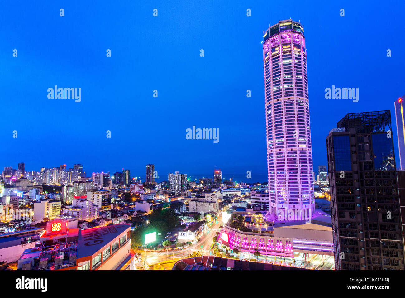 PENANG, MALAYSIA - Sept 15, 2017: The skyline of George Town in Penang, Malaysia during blue hour, with Komtar tower; the tallest building in Penang,  Stock Photo