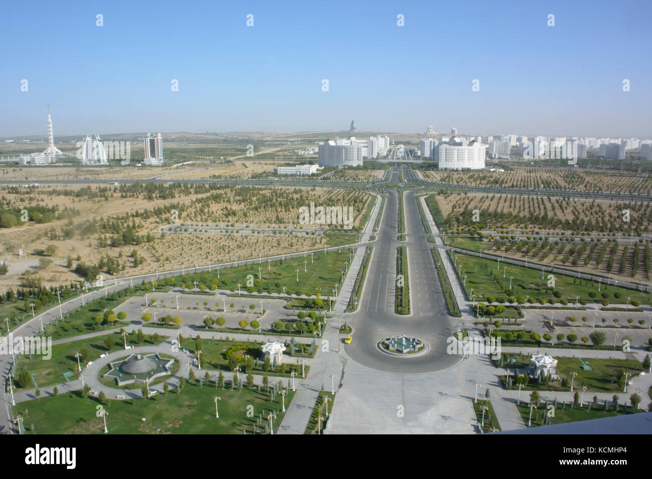 Ashgabat, Turkmenistan - View from top of Monument and arch of neutrality toward Ashgabat City Stock Photo