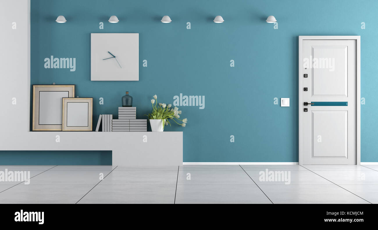Blue home entrance with armored door and shelf with decor objects - 3d rendering Stock Photo