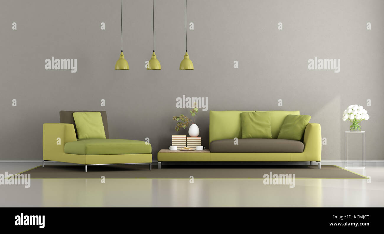 Modern Green And Brown Living Room With Sofa And Chaise Lounge 3d Rendering Stock Photo Alamy
