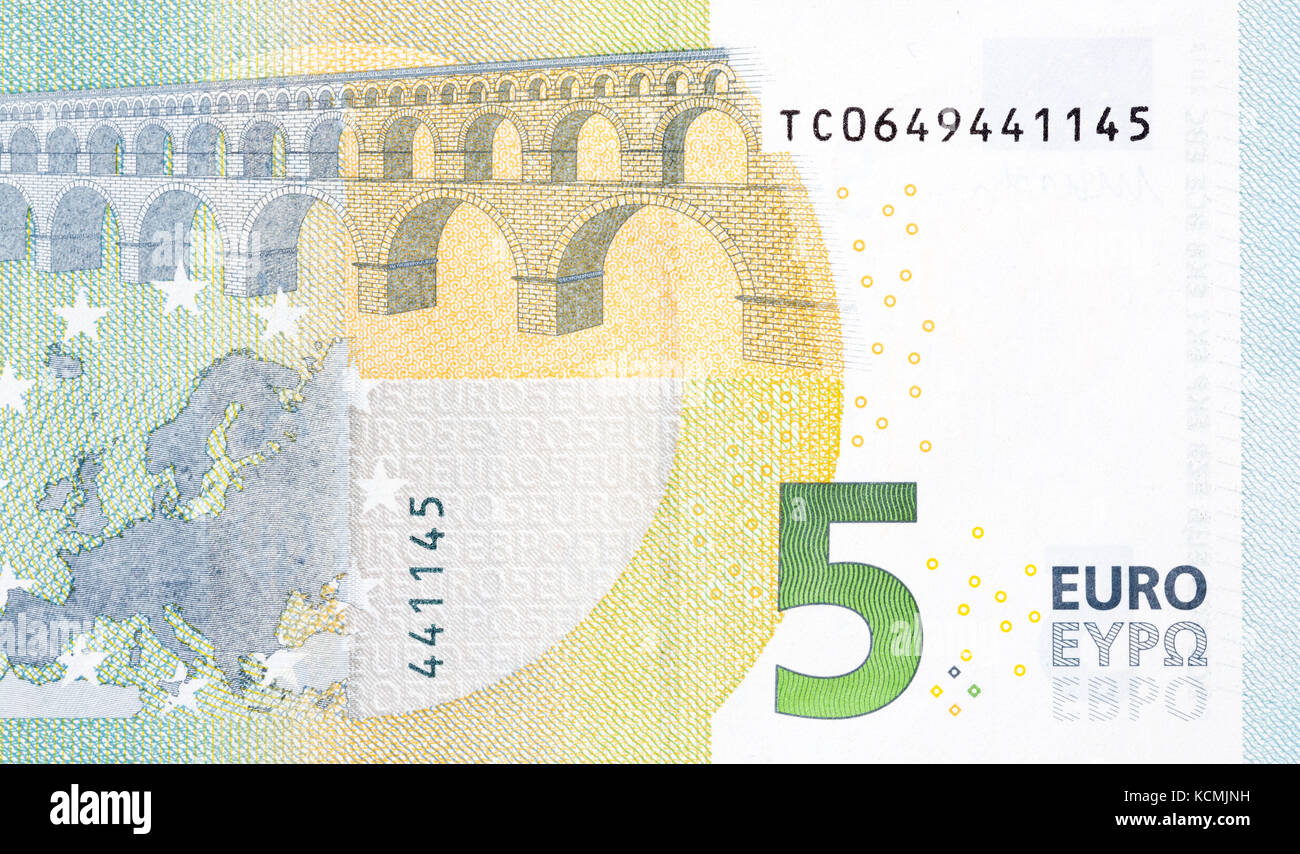 Photo of five euro banknote in macro. Stock Photo