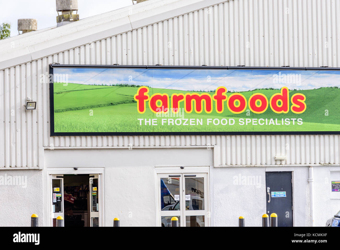 Northampton UK October 5, 2017: Farmfoods logo sign in Northampton town centre. Stock Photo