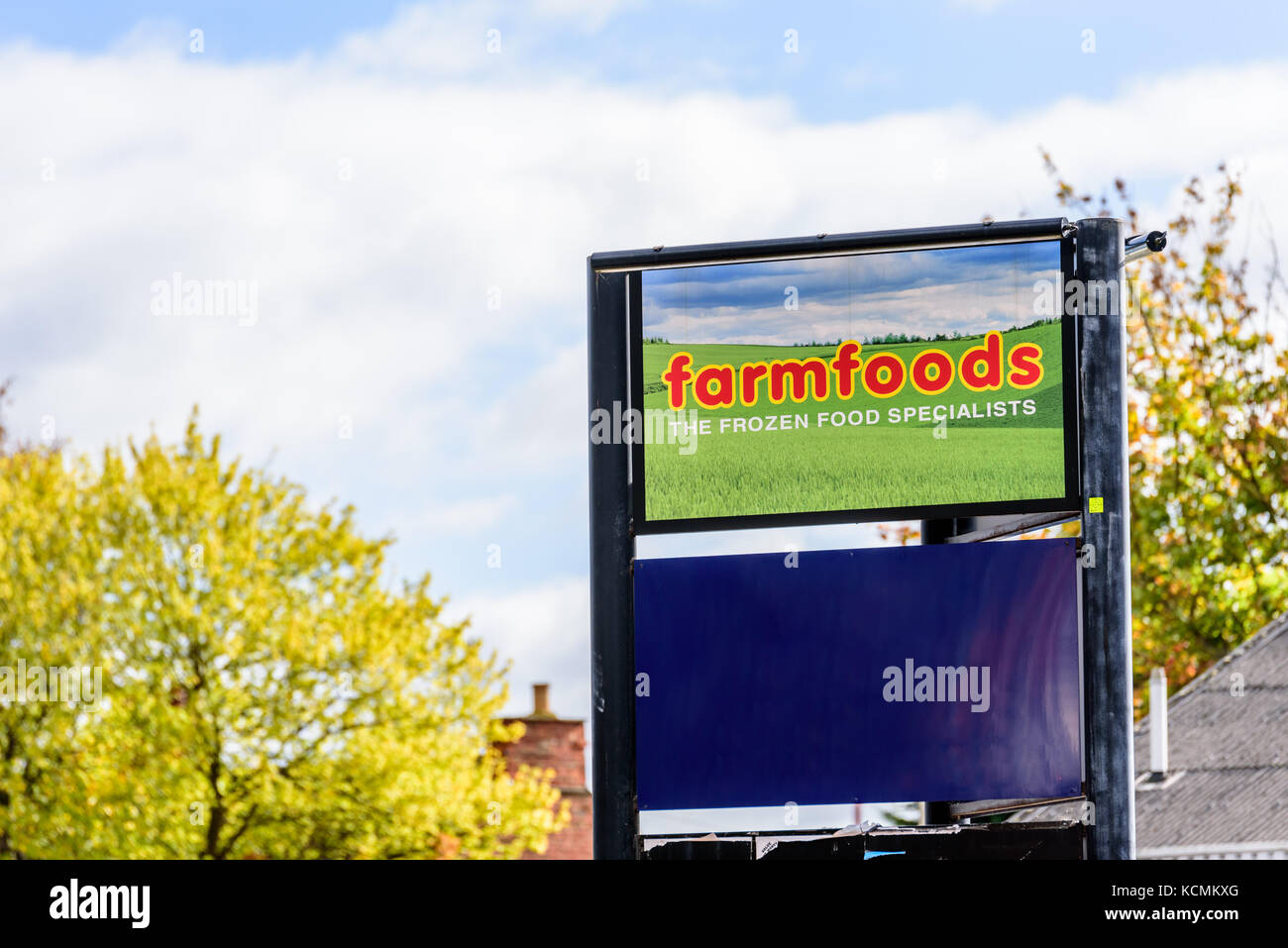 Northampton UK October 5, 2017: Farmfoods logo sign in Northampton town centre. Stock Photo