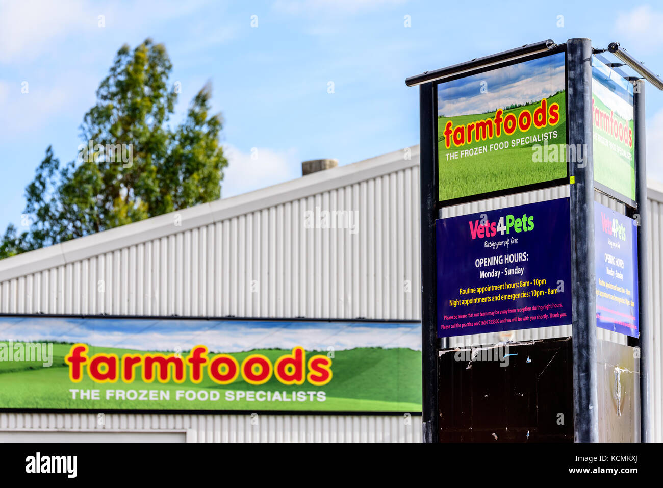 Northampton UK October 5, 2017: Farmfoods and Vets4Pets logo sign in Northampton town centre. Stock Photo