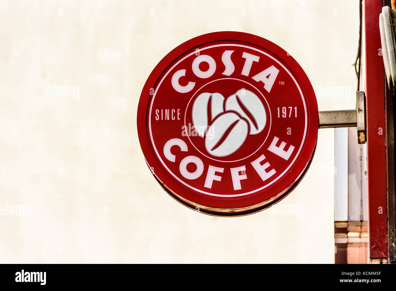 Northampton UK October 5, 2017: Costa Coffee logo sign in Northampton town centre. Stock Photo