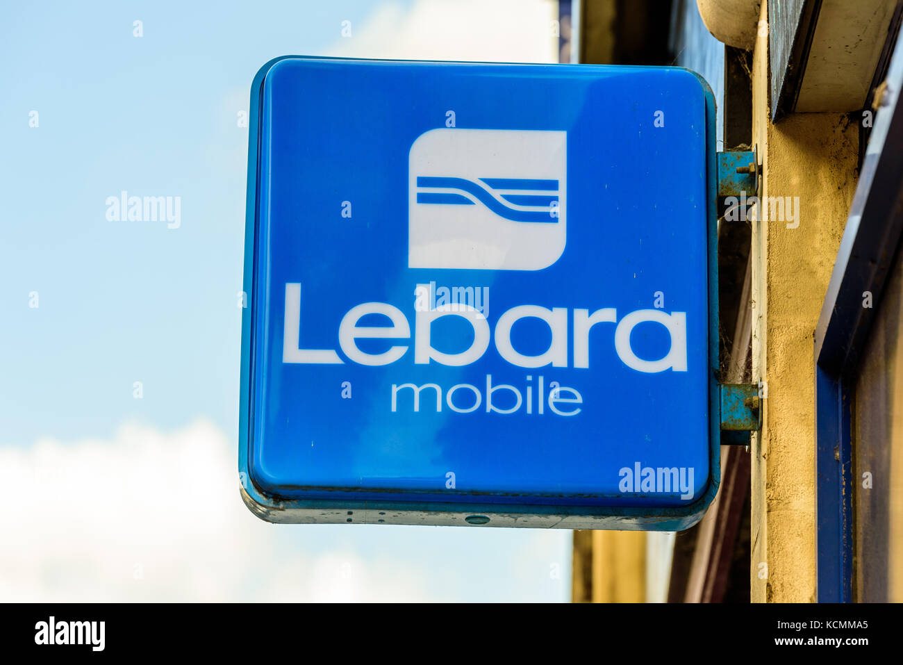 Northampton UK October 5, 2017: Lebara Mobile logo sign in Northampton town centre. Stock Photo