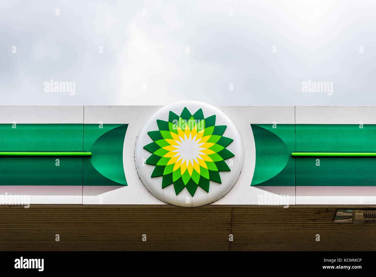 Northampton UK October 5, 2017 British Petroleum logo sign in Northampton town centre Stock